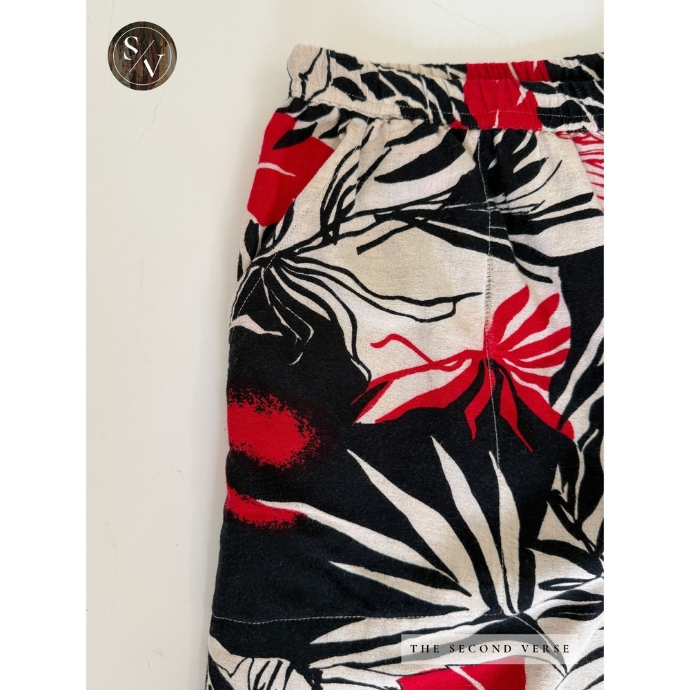 VTG Tropical Palm Print Linen Pants Red Black Cream Wide Leg Pull On Drawstring - Picture 4 of 10